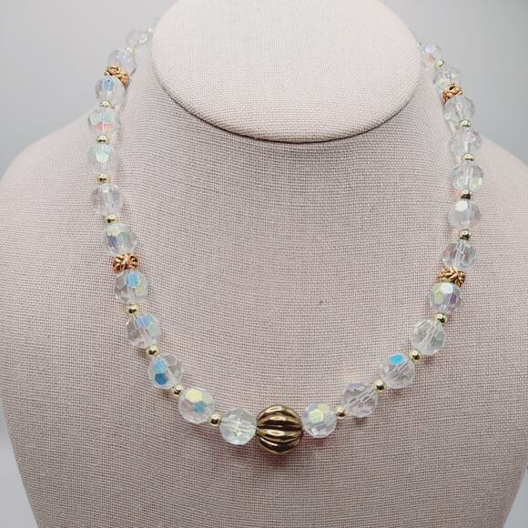 Vintage Czech Fire Polished Crystal Bead Necklace 17" Gold Tone Accents - Picture 1 of 12